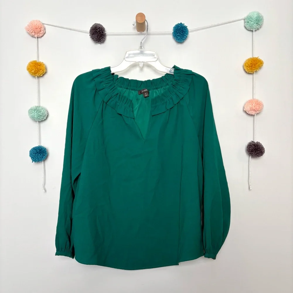🌟J. Crew Deep Green Drapery Ruffle Collar Top
